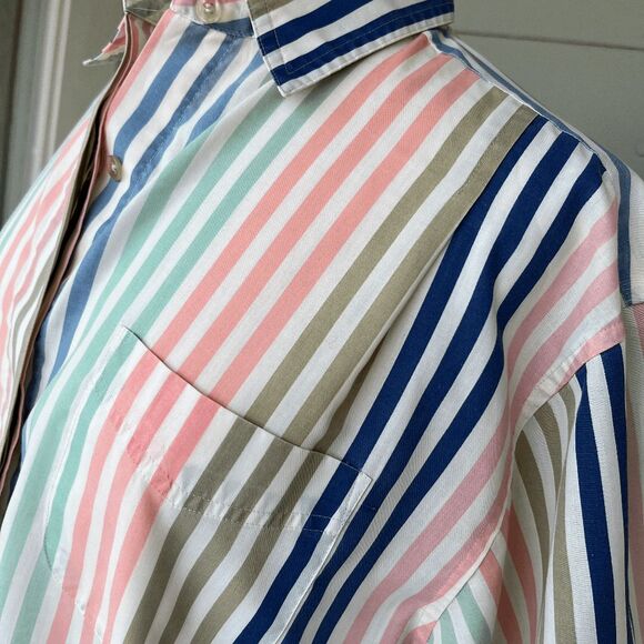 VTG 80s Corner Stone Pastel Stripe Shirt L XL Oversized Short Sleeve Button Up - Picture 4 of 9